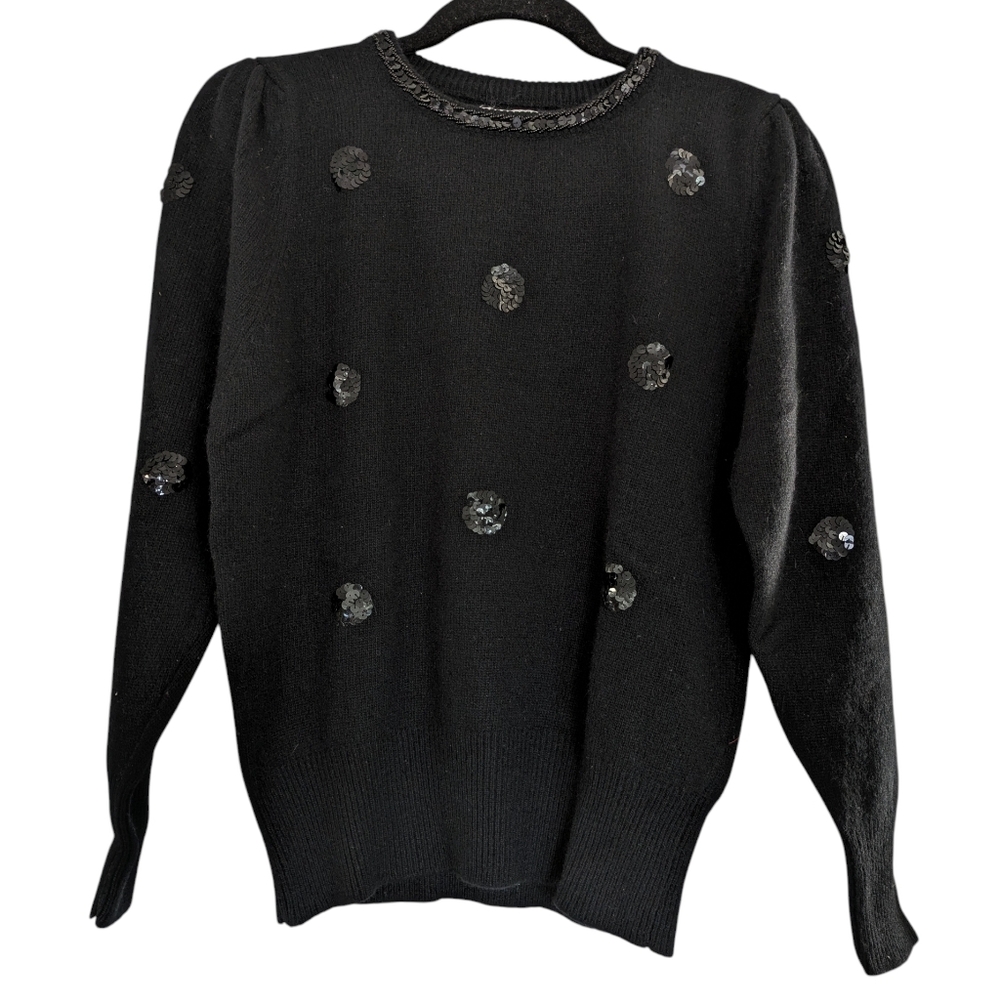 Vintage Sequin Black Angora Lambswool Sweater Women S‎ Glam Luxe Holiday Evening